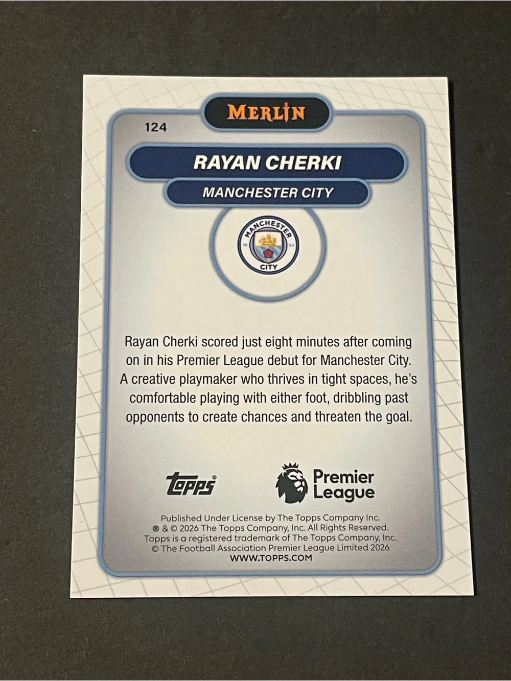 2026 Topps Merlin Premier League Rayan Cherki #124 Manchester City Base Card